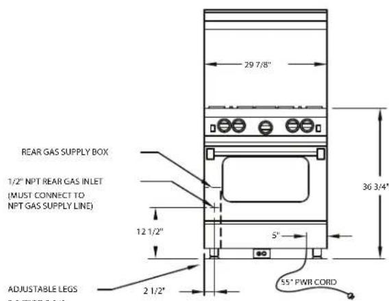 29 7/8" REAR GAS SUPPLY BOX 1/2" NPT REAR GAS INLET (MUST CONNECT TO NPT GAS SUPPLY LINE) 12 1/2" 5" 36 3/4" ADJUSTABLE LEGS 2 1/2" 55" PWR CORD
