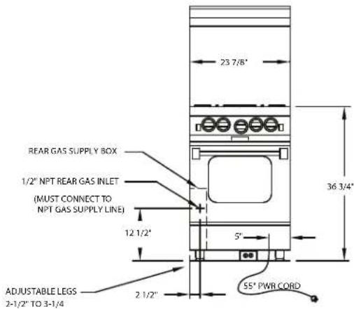 23 7/8" REAR GAS SUPPLY BOX 1/2" NPT REAR GAS INLET (MUST CONNECT TO NPT GAS SUPPLY LINE) 12 1/2" 5" 36 3/4" ADJUSTABLE LEGS 2-1/2" TO 3-1/4" 2 1/2" 55° PWR CORD