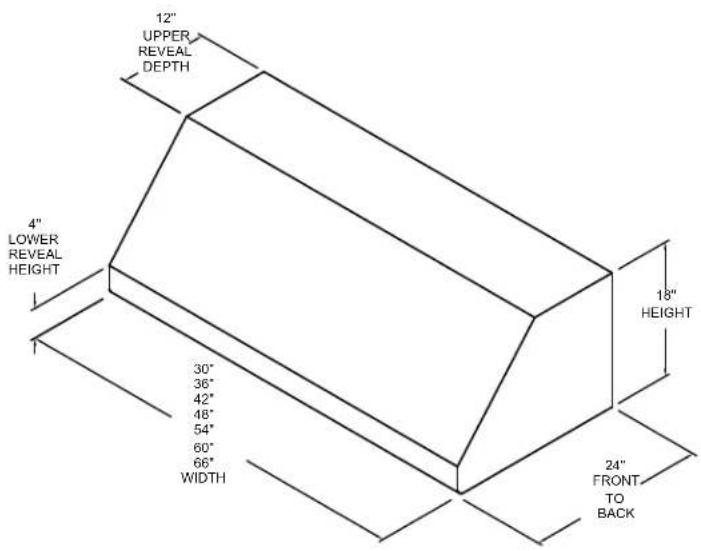 12" UPPER REVEAL DEPTH 4" LOWER REVEAL HEIGHT 30" 36" 42" 48" 54" 60" 66" WIDTH 18" HEIGHT 24" FRONT TO BACK