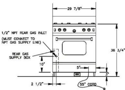 29 7/8" 1/2" NPT REAR GAS INLET (MUST CONNECT TO NPT GAS SUPPLY LINE) REAR GAS SUPPLY BOX 10" 5" 3" 2 1/2" 55" CORD 36 3/4"