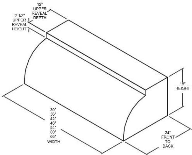 12" UPPER REVEAL DEPTH 2 1/2" UPPER REVEAL HEIGHT 30" 36" 42" 48" 54" 60" 66" WIDTH 18" HEIGHT 24" FRONT TO BACK