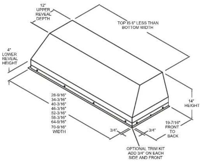 12" UPPER REVEAL DEPTH TOP IS 6" LESS THAN BOTTOM WIDTH 4" LOWER REVEAL HEIGHT 28-9/16" 34-3/16" 40-3/16" 46-3/16" 52-3/16" 58-3/16" 64-9/16" 70-9/16" WIDTH 3/4" 3/4" 14" HEIGHT 19-7/16" FRONT TO BACK OPTIONAL TRIM KIT ADD 3/4" ON EACH SIDE AND FRONT