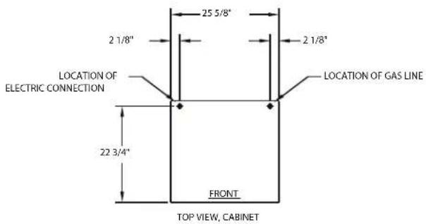 25 5/8" 2 1/8" LOCATION OF ELECTRIC CONNECTION 22 3/4" FRONT TOP VIEW, CABINET 2 1/8" LOCATION OF GAS LINE