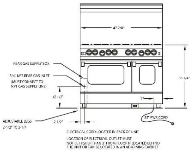 47 7/8" REAR GAS SUPPLY BOX 3/4" NPT REAR GAS INLET (MUST CONNECT TO NPT GAS SUPPLY LINE) 12 1/2" ADJUSTABLE LEGS 2 1/2" TO 3 1/4" 5" 55" PWR CORD ELECTRICAL CORD LOCATED IN BACK OF UNIT LOCATION OF ELECTRICAL OUTLET MUST NOT BE HIGHER THAN 3" FROM FLOOR IF LOCATED BEHIND THE UNIT OR CAN BE LOCATED IN AN ADJOINING CABINET.