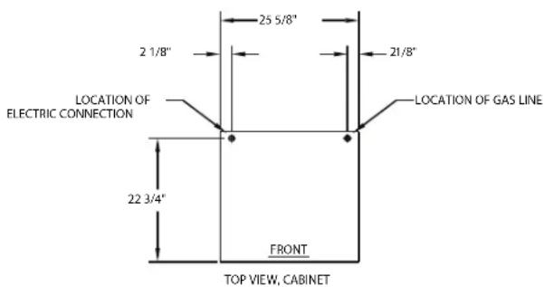 25 5/8" 21/8" LOCATION OF ELECTRIC CONNECTION LOCATION OF GAS LINE 22 3/4" FRONT TOP VIEW, CABINET