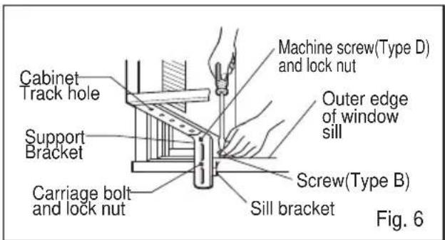 Cabinet Track hole Support Bracket Carriage bolt and lock nut Machine screw(Type D) and lock nut Outer edge of window sill Screw(Type B) Sill bracket Fig. 6