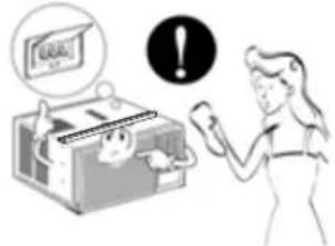 Illustration showing a person using a smartphone to interact with a machine, with a warning symbol and speech bubble containing text.