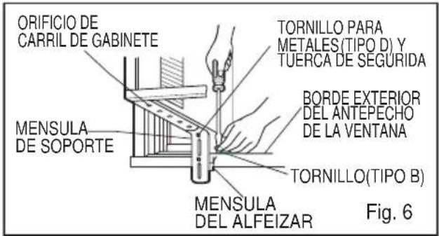 ORIFICIO DE CARRIL DE GABINETE TORNILLO PARA METALES(TIPO D) Y TUERCA DE SEGURIDA BORDE EXTERIOR DEL ANTEPECHO DE LA VENTANA MENSULA DE SOPORTE TORNILLO(TIPO B) MENSULA DEL ALFEIZAR Fig. 6
