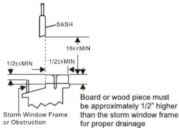 SASH 16£cMIN 1/2£cMIN 1/2£4MIN Storm Window Frame or Obstruction Board or wood piece must be approximately 1/2" higher than the storm window frame for proper drainage