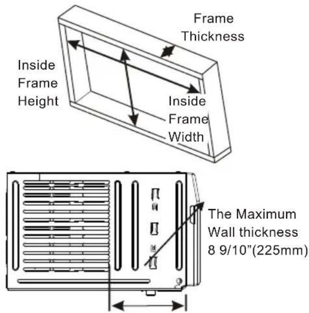 Frame Thickness Inside Frame Height Inside Frame Width The Maximum Wall thickness 8 9/10"(225mm)