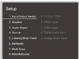 Setup 1. Input/Output Assign 1. TV Out / GSD 2. Speaker 2. HDMI Input 3. Audio Adjust 3. Video Input 4. Source 4. Digital Audio Input 5. Listening Mode Reset 5. Analog Audio Input 6. Hardware 7. Multi Zone 8. Miscellaneous