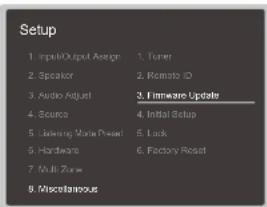 Setup 1. Input/Output Assign 1. Tuner 2. Speaker 2. Remote ID 3. Audio Adjust 3. Firmware Update 4. Source 4. Initial Setup 5. Ordering Magic Press 5. Lock 6. Hardware 6. Factory Reset 7. Multi Zone 8. Miscellaneous