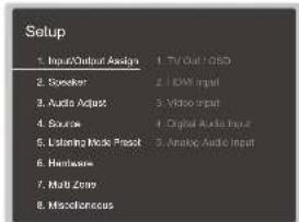 Setup 1. Input/Output Assign 1. TV Out / GSD 2. Sounder 2. I/O/AI Input 3. Audio Adjust 3. Video Input 4. Source 4. Digital Audio Input 5. Listening Mode Press 5. Analog Audio Input 6. Hertache 7. Multi-Box 8. Miscellaneous
