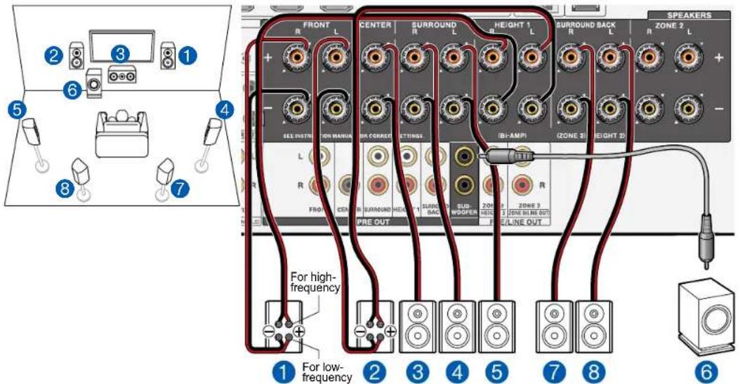 FRONT CENTER SURROUND HEIGHT 1 SURROUND BACK SPEAKERS ZONE 2 + - SEE INSTR ON MANUAL OR CORRECT SETTINGS IBI-AMP1 (ZONE 3) HEIGHT 20 L R FROCCEN SURROUND HEIGHT 1 SURGE DAC SUB- WOOPER ZONE 2 ZONE LINE OUT FRE/LINE OUT PRE OUT For high- frequency For low- frequency ① For low- frequency ② ③ ④ ⑤ ⑦ ⑧ ⑥