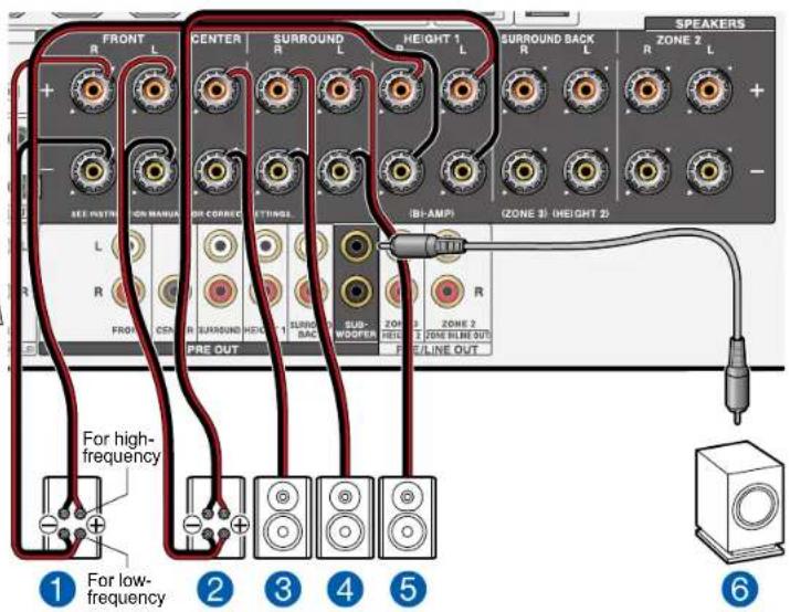 FRONT R L CENTER R SURROUND L HEIGHT 1 R SURROUND BACK R L ZONE 2 L SPEAKERS SEE INSTIN ON MANUAL OR CORRECT STINGS (BI-AMP) (ZONE 3) (HEIGHT 2) L R FRONT CEN R SURROUND HEIGHT 1 SURROUND 2 SUB- BAC SUB- WOOFER ZONE 2 ZONE 2 ZONE BLUE OUT FIRE LINE OUT PRE OUT For high- frequency For low- frequency ① For low- frequency ② ③ ④ ⑤ ⑥