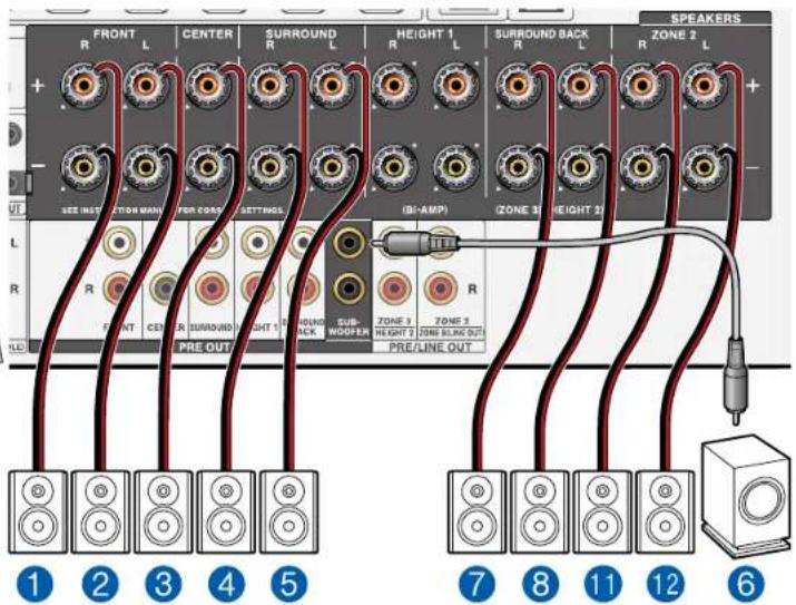 FRONT R L CENTER FOR CORDING SURREND R L HEIGHT 1 R L SURROUND BACK R L ZONE 2 R L SEED R R PRE OUT PRE/WOOFER ZONE 3 HEIGHT 2 ZONE 1 ZONE BLAW OUT PRE/LINE OUT SPEAKERS 1 2 3 4 5 7 8 11 12 6