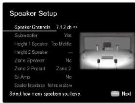 Speaker Setup Speaker Channels 7.1.2 ah Subwoofer Yes Height 1 Speaker Top Middle Height 2 Speaker — Zone Speaker No Zone 2 Prayout Zone 2 Bit Amp No Speaker Impulse Refreshable Select how many speakers you have Next