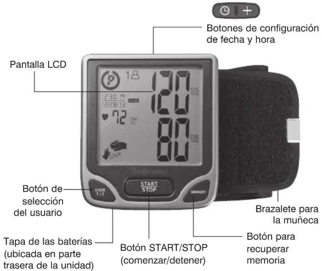 Botones de configuración de fecha y hora Pantalla LCD 12:30 AM 12/28/13 7:2 Pulse 8:0 DIA START STOP Brazalete para la muñeca Botón de selección del usuario Tapa de las baterías (ubicada en parte trasera de la unidad) Botón START/STOP (comenzar/detener) Botón para recuperar memoria