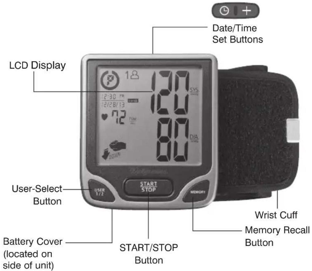 LCD Display 12:30 PM 12/28/13 7:2 Pulse POT 12 80 SYS DIA START/STOP Wrist Cuff Memory Recall Button START/STOP Battery Cover (located on side of unit) USER 1/2 START/STOP User-Select Button MEMORY