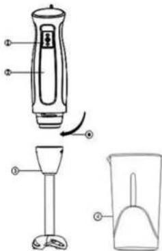 Technical diagram of a blender with labeled parts and directional arrows indicating rotation or adjustment.