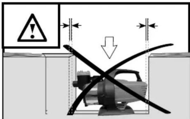 Diagram illustrating a mechanical system with warning symbols and directional arrows, showing a motor inside a container.