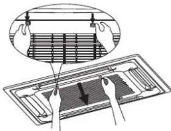 Diagram showing installation of a grid device with hands holding sensors and a downward arrow indicating direction or force.