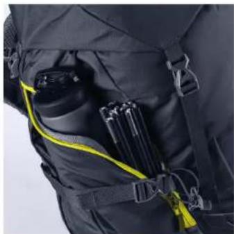 Close-up of a dark blue athletic jacket with yellow safety belt and black backpack (no visible text or symbols)
