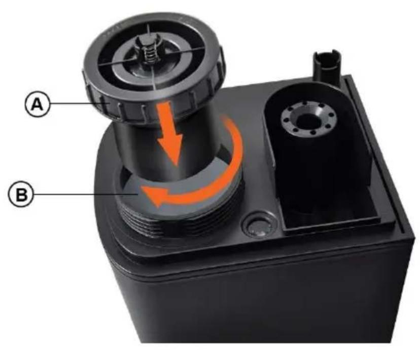 Technical diagram of a mechanical device with labeled parts A and B, showing internal components and directional arrows indicating motion or flow.
