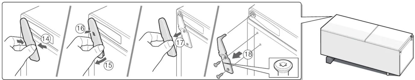 Diagram illustrating the step-by-step installation of a door handle mechanism, labeled with numbered components.