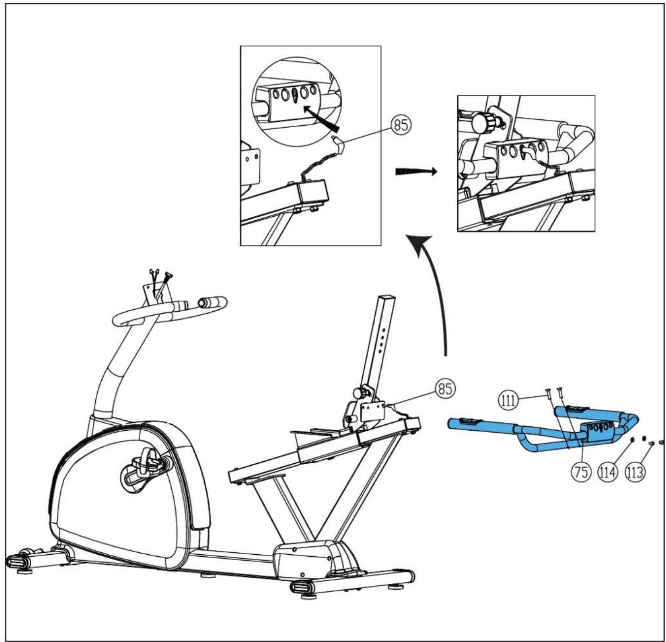 Technical diagram of a stationary exercise machine with labeled parts and exploded views showing internal components and assembly steps.