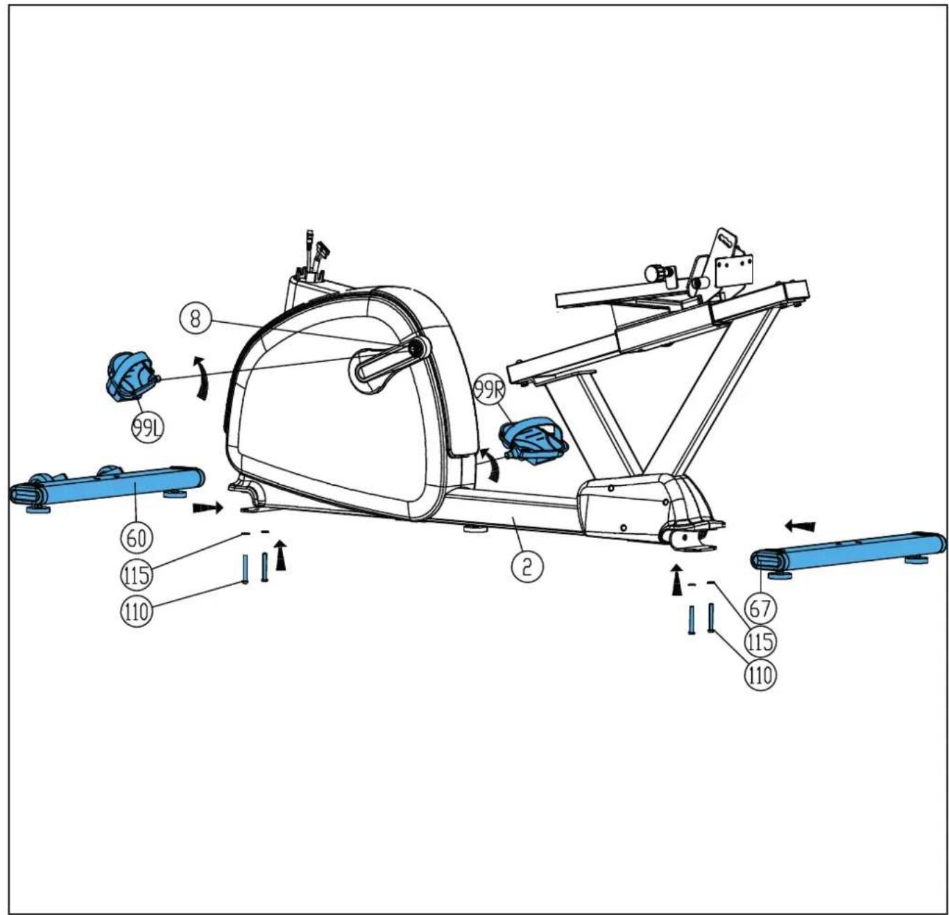 Technical diagram of a stationary exercise machine with labeled components and motion indicators
