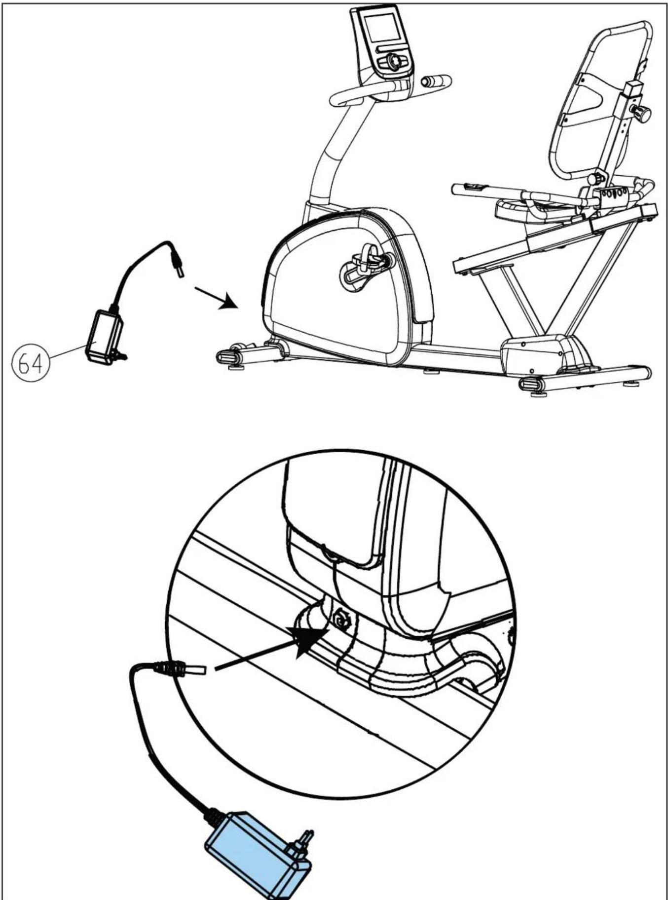 Technical diagram showing a stationary exercise machine with labeled components and a close-up of its internal wiring.