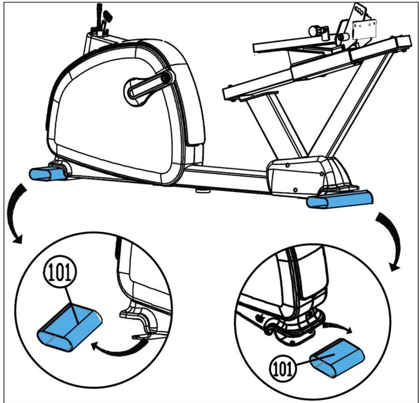 Technical diagram of a stationary exercise machine with labeled components and motion arrows showing cycle changes.