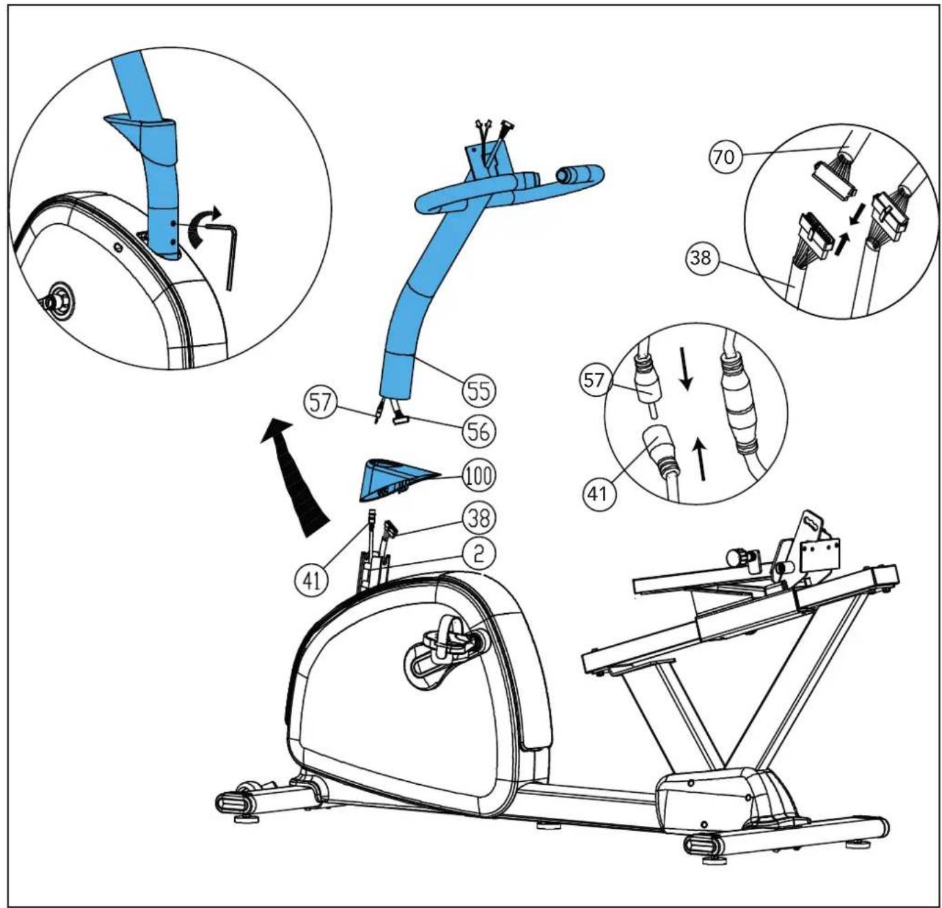 Technical diagram of a stationary exercise machine with numbered parts and exploded views showing mechanical assembly steps.