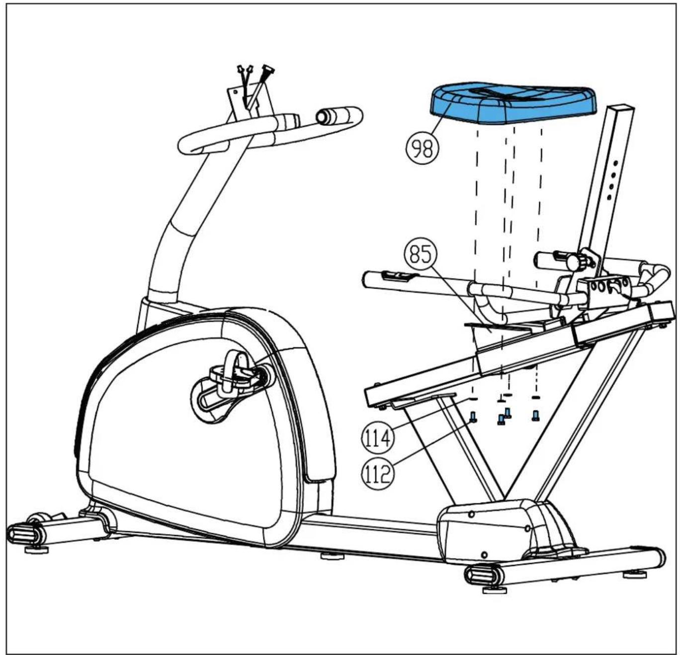 Technical diagram of a stationary exercise machine with numbered components and labeled parts