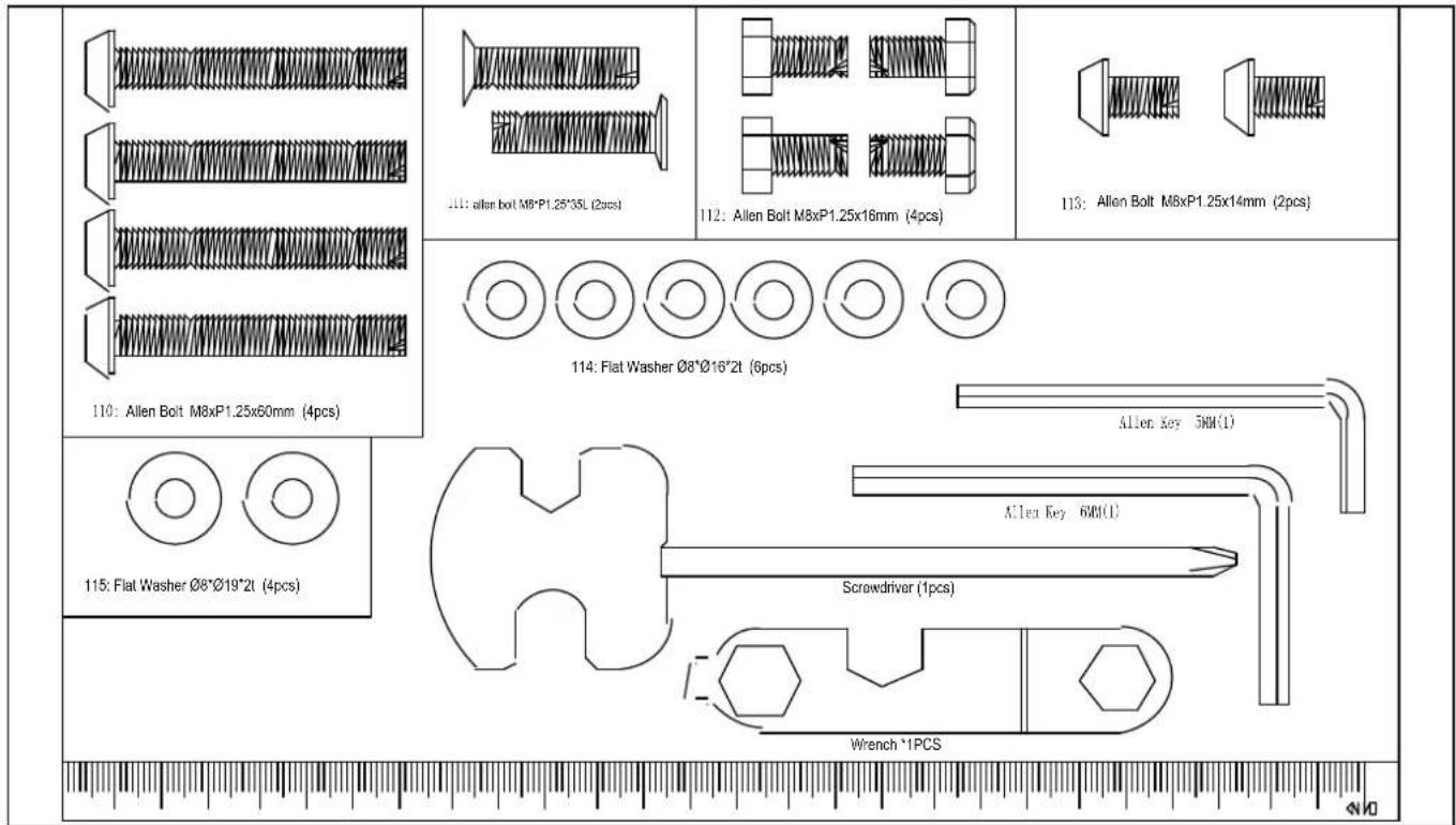 110: Allen Bolt M8xP1.25x60mm (4pcs) 111: Allen bolt M8*P1.28*35L (2pcs) 112: Allen Bolt M8xP1.25x16mm (4pcs) 113: Allen Bolt M8xP1.25x14mm (2pcs) 114: Flat Washer Ø8*Ø16*2t (6pcs) 115: Flat Washer Ø8*Ø19*2t (4pcs) Allen Key 3MM(1) Allen Key 6MM(1) Screwdriver (1pcs) Wrench *1PCS