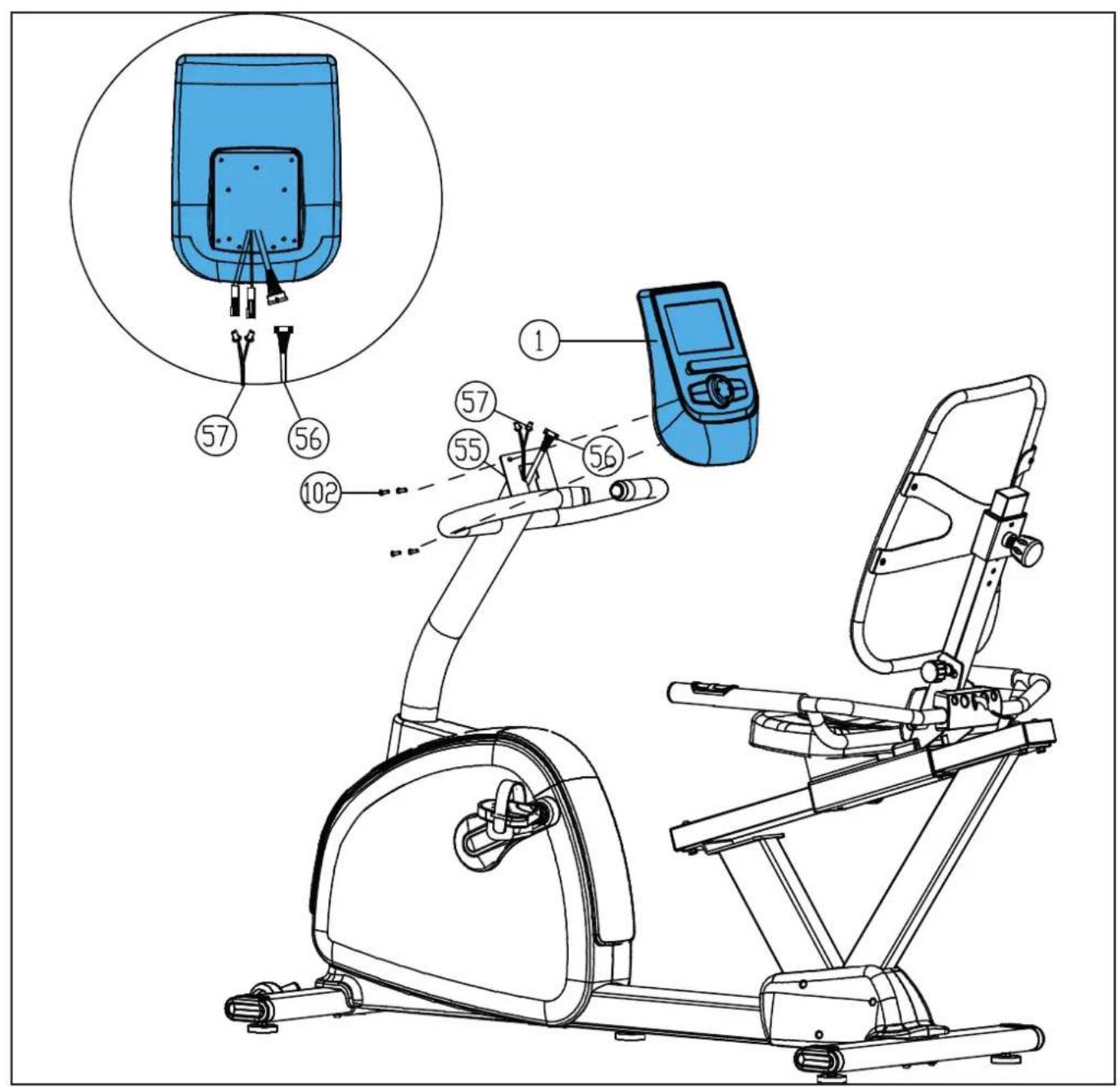 Technical diagram of a stationary exercise machine with labeled components and an inset showing a device with labeled parts 57, 56, and 102.