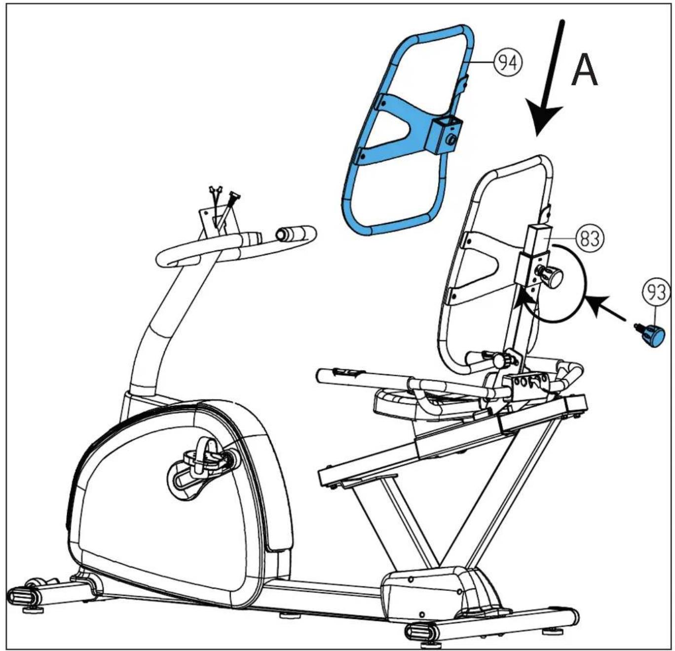 Technical diagram of a stationary exercise machine with labeled parts and component annotations