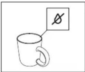 Simple line drawing of a mug with a speech bubble containing a symbol resembling a prohibition sign.