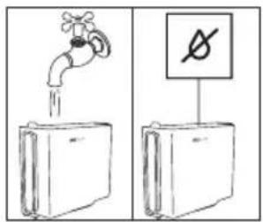 Safety warning illustration showing a faucet dropping from a water bottle to a refrigerator, with a no-smoking sign nearby.
