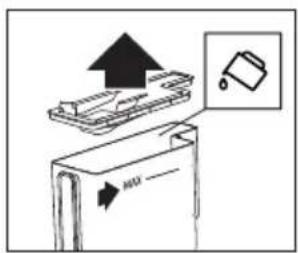 Diagram showing a device with an upward arrow and a magnified view of a bag, likely illustrating a process or installation.
