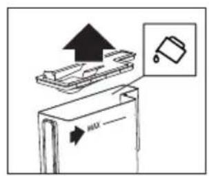 Diagram showing a device with an upward arrow and a recycling symbol, indicating process or operation.