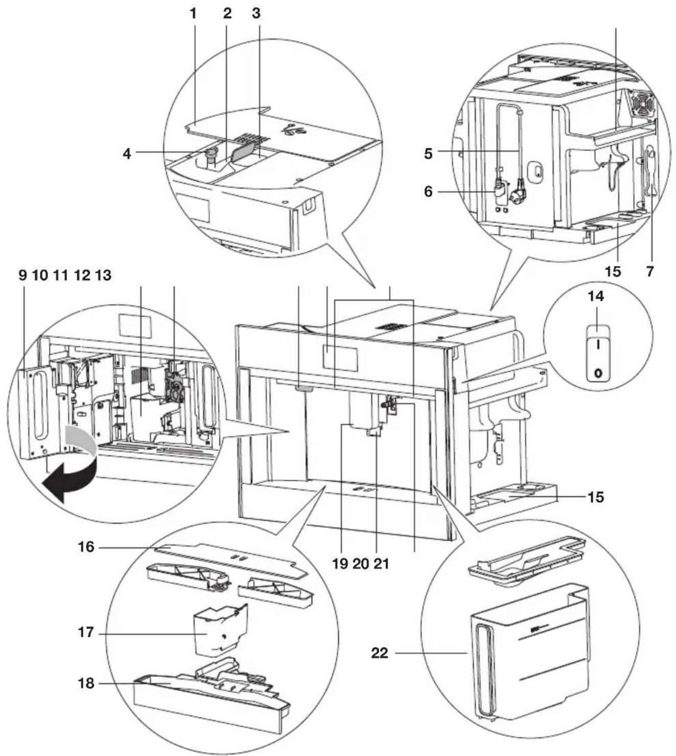 Technical diagram of a refrigerator internal components with numbered parts and exploded views
