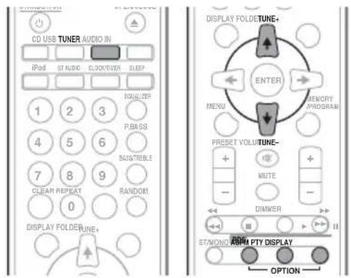 CD USB TUNER AUDIO IN iPod ST AUDIO CLOCK/TIVER SLEEP DOUG/TER 1 2 3 P.BASS 4 5 6 RADSTRELE 7 8 9 CLEAR REPEAT RANDOM 0 DISPLAY FOLDETUNE+ DISPLAY FOLDETUNE+ ENTER MENU MEMORY PROGRAM PRESET VOLT/TUNE- + MUTE - DIMMER STMOND ROM PTY DISPLAY OPTION