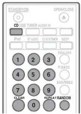 STANDBYION OPEN/CLOSE CD USB TUNER AUDIO IN IPD BT AUDIO CLOCKTIME SLEEP 1 2 3 4 5 6 7 8 9 CLEAR 0 REPEAT RANDOM EQUALIZER P.BASS BASSITIBLE