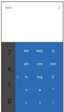 DEG 7 INV RAD % 4 sin cos tan > ln log ✓ 1 π e ^ 0 ( ) !