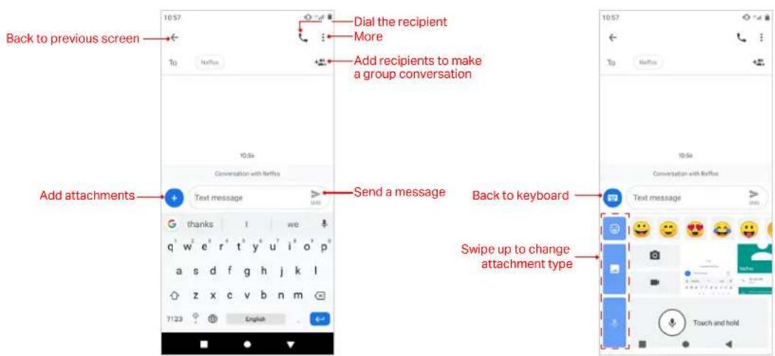 Back to previous screen Add attachments Text message Send a message Dial the recipient More Add recipients to make a group conversation Back to keyboard Swipe up to change attachment type 7123 English 10:57 To Netflix 10:56 Conversation with Netflix Text message
