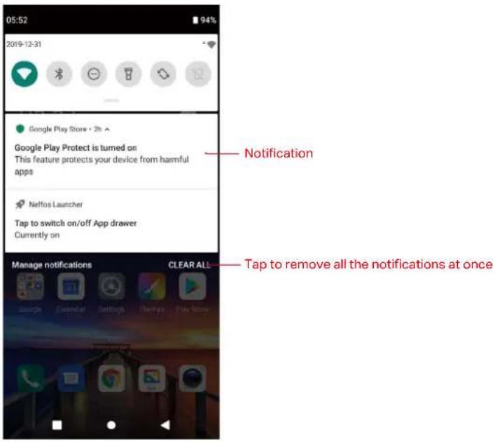 05:52 94% 2019-12-31 Google Play Store • 2h Google Play Protect is turned on This feature protects your device from harmful apps Neffos Launcher Tap to switch on/off App drawer Currently on Notification Tap to remove all the notifications at once Manage notifications CLEAR ALL