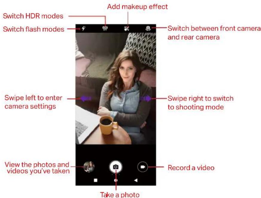 Add makeup effect Switch HDR modes Switch flash modes Switch between front camera and rear camera Swipe left to enter camera settings Swipe right to switch to shooting mode View the photos and videos you've taken Record a video Take a photo