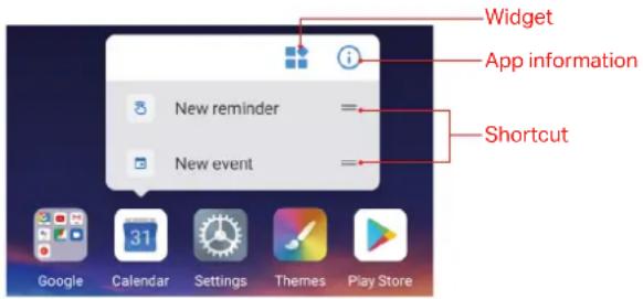 Widget App information New reminder = = New event Shortcut Google Calendar Settings Themes Play Store